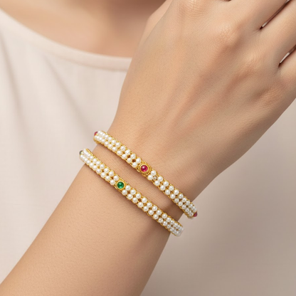 Red Stone White Pearls Bangles
