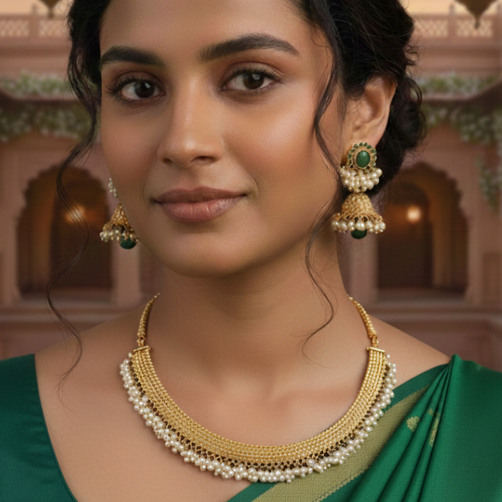 Pearls Choker With Green Stones
