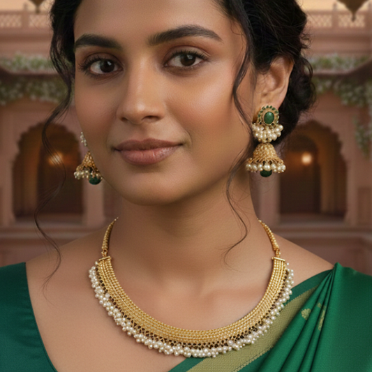 Pearls Choker With Green Stones