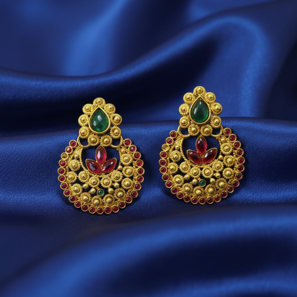 Gold Plated Drops Chandbal with Red with Green Stones