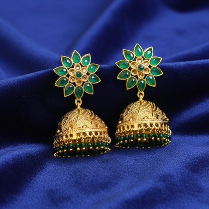Jhumkas with Green Stones & Hanging Beads