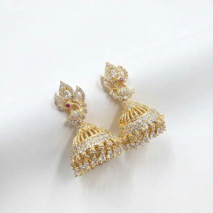 White Stones Bird Stud Jhumka with Handing Beads