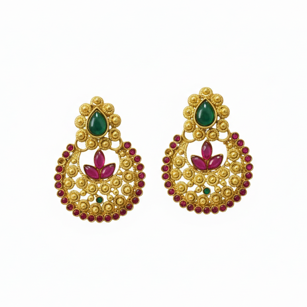 Gold Plated Drops Chandbal with Red with Green Stones