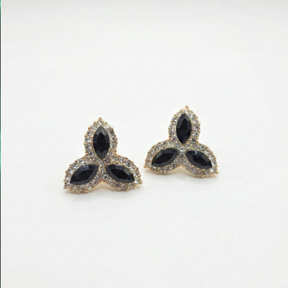 Three Leaf Black and White Stones Flower Studs