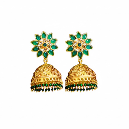 Jhumkas with Green Stones & Hanging Beads