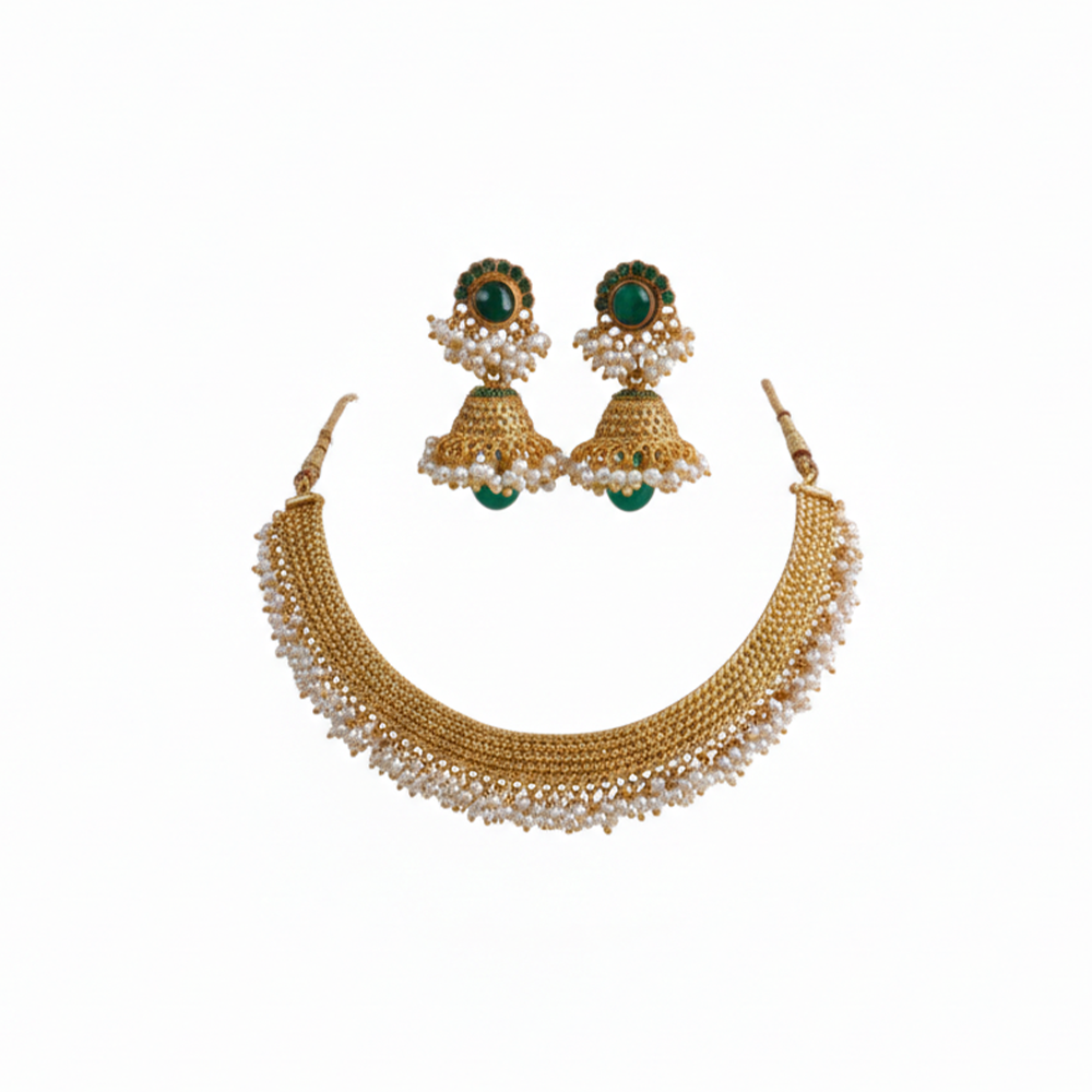 Pearls Choker With Green Stones
