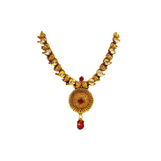 Gold Plated Round Necklace With Thilak Red Stone