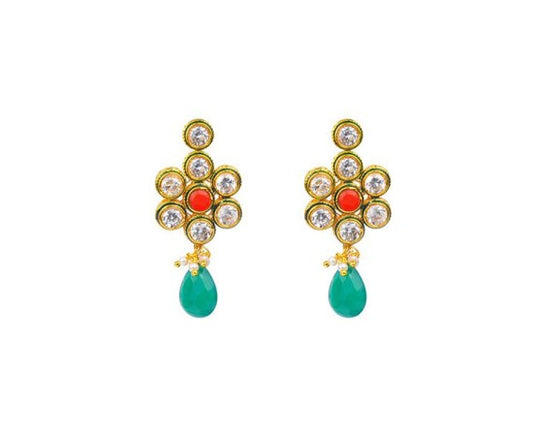 Gold Plated Drop With Kemp White Stones & Green Beads
