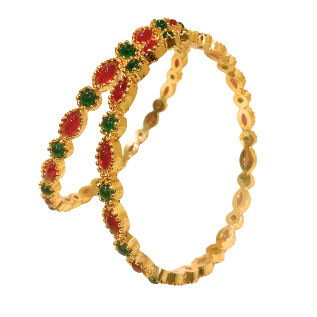 Gold Plated Kemp Bangles With Round Red And Green Stones