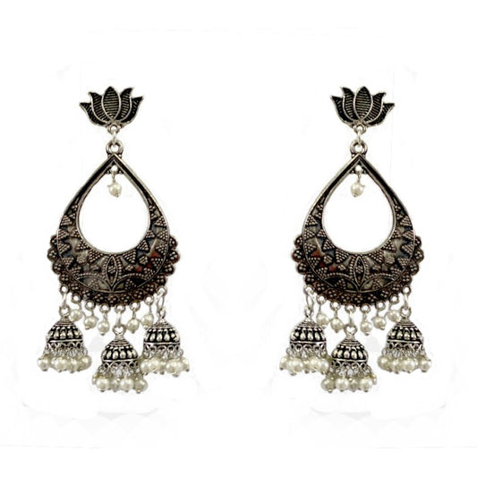 Oxidised jhumkas with white pearls