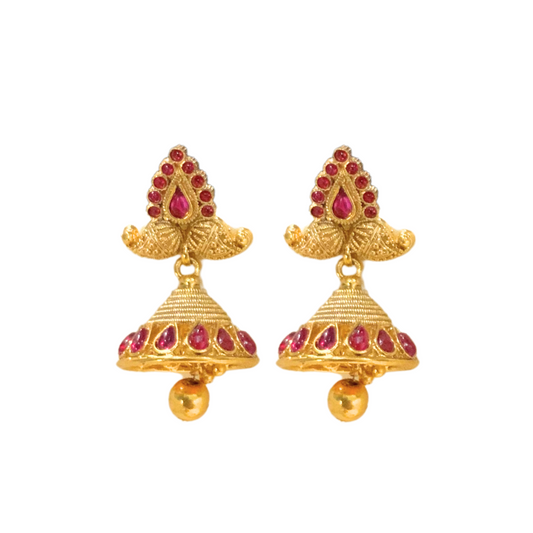 Gold plated jhumka manga design red stone