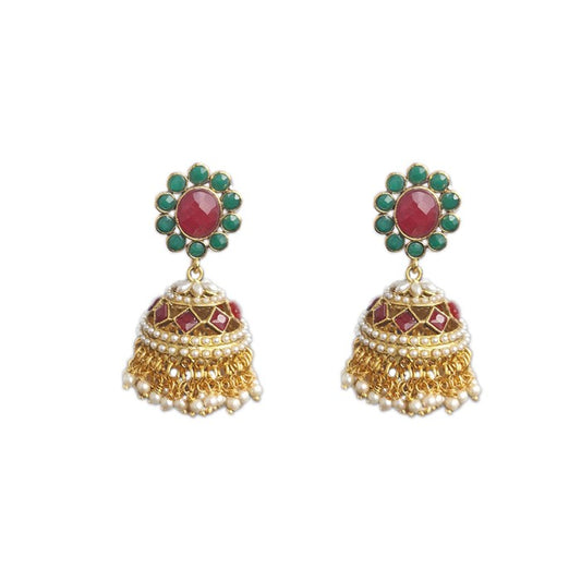 Gold Plated With Red &Green Stone With White Pearls