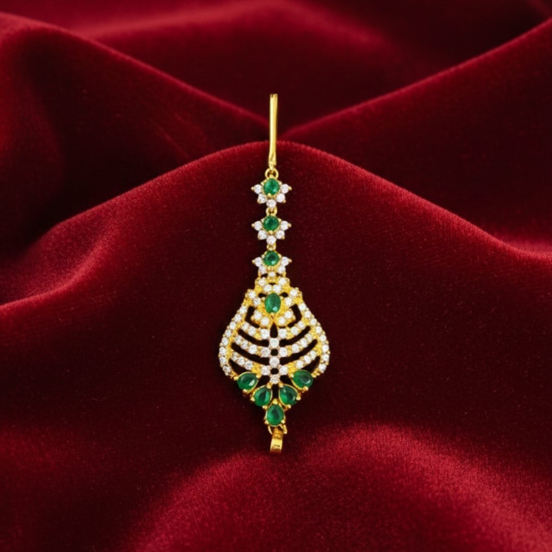 White and Green Stone Short Maang Tikka