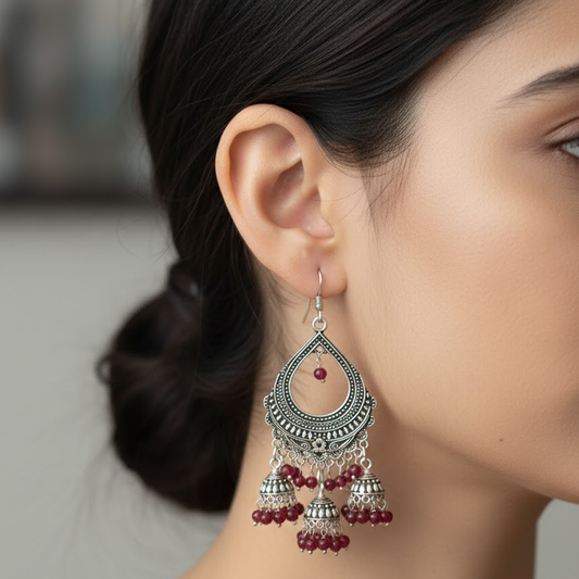 Oxidised Three Hanging Jhumkas with Red Beads