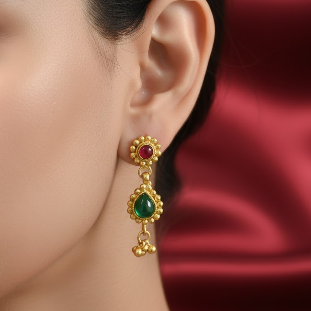 Gold Plated Red and Green Stone with Gold Beads