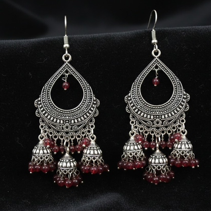 Oxidised Three Hanging Jhumkas with Red Beads