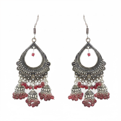 Oxidised Three Hanging Jhumkas with Red Beads