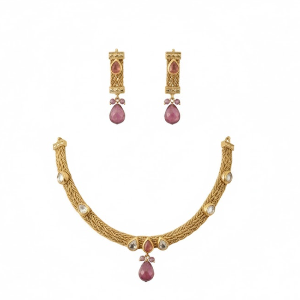 Close Neck Stone Necklace with Earrings