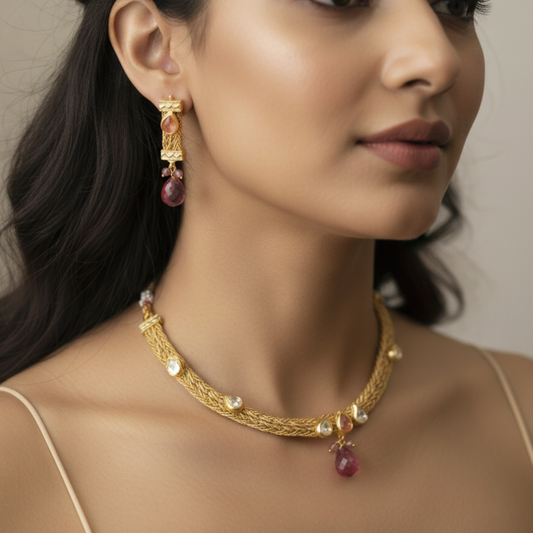 Close Neck Stone Necklace with Earrings