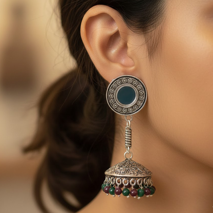 Oxidised Mirror Jhumkas with Multicolor Beads
