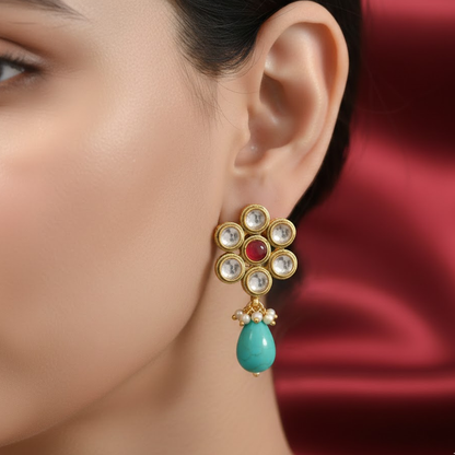 Drop With Kundan White Stones & Green Beads