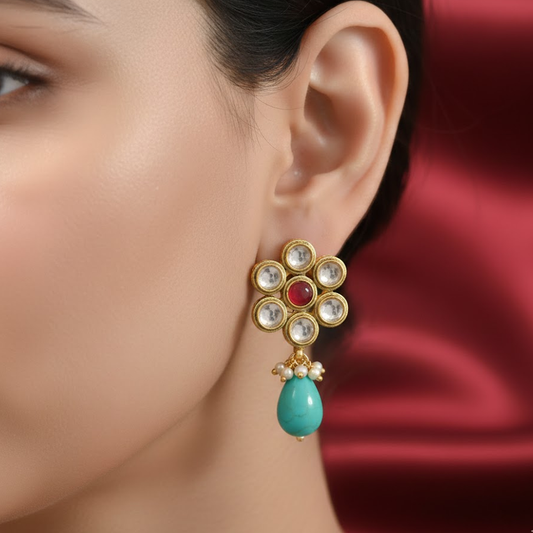 Drop With Kundan White Stones & Green Beads