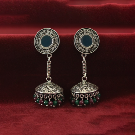 Oxidised Mirror Jhumkas with Multicolor Beads