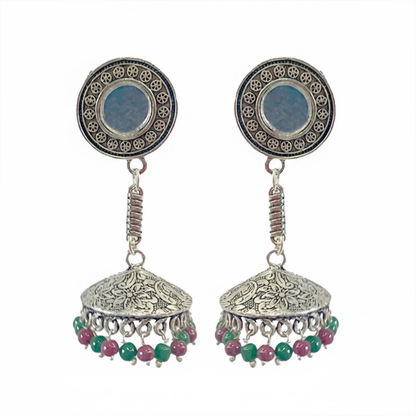 Oxidised Mirror Jhumkas with Multicolor Beads