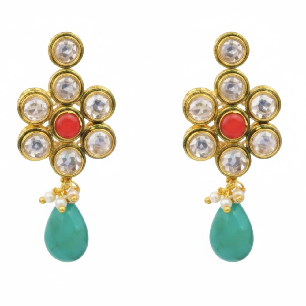Drop With Kundan White Stones & Green Beads