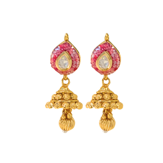 Gold plated jhumka pink whith white stones and gold pearl