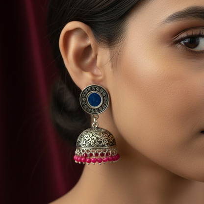 Oxidised Mirror Jhumka with Hanging Pink Beads