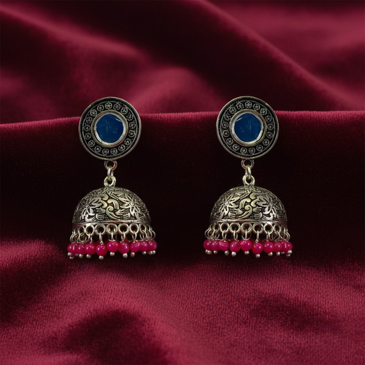 Oxidised Mirror Jhumka with Hanging Pink Beads