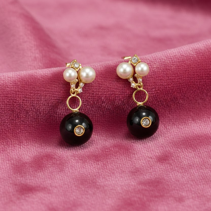 Black Bead Drops with White Pearls Studs