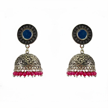 Oxidised Mirror Jhumka with Hanging Pink Beads