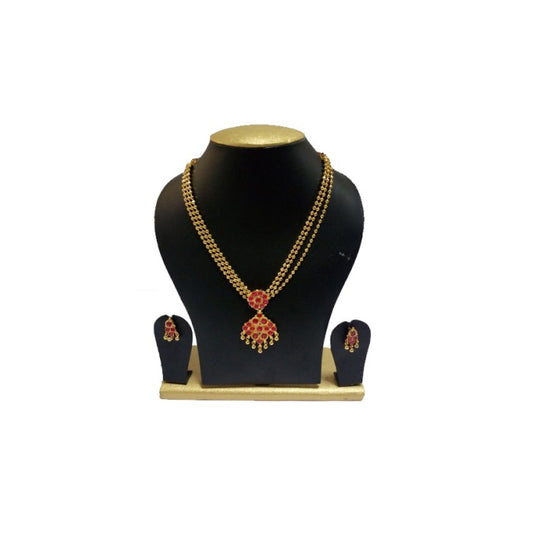 Gold Plated Chain Necklace With Pink Stones & Beads