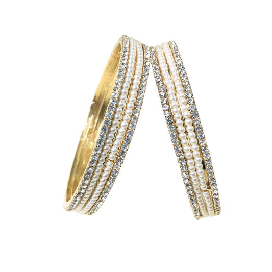 Gold Plated Pearl Bangles With White Stones