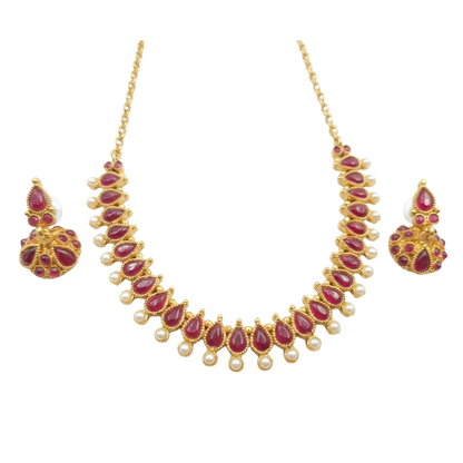 Simple Red Stone with Pearls Necklace & Jhumka