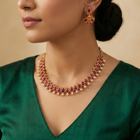 Simple Red Stone with Pearls Necklace & Jhumka