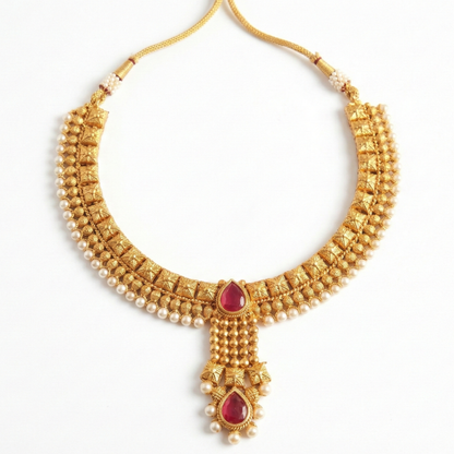Close Neck Red Stone Choker with Pearls
