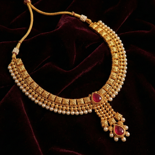 Close Neck Red Stone Choker with Pearls
