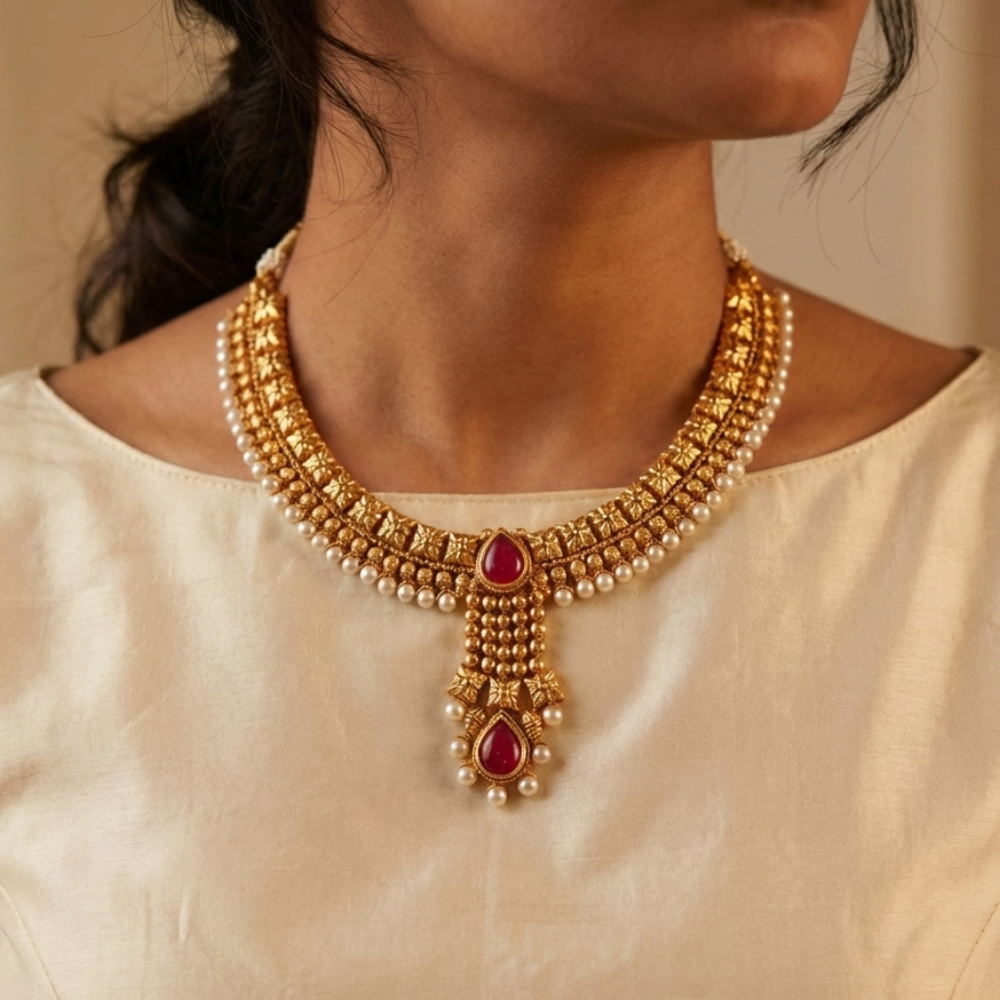 Close Neck Red Stone Choker with Pearls