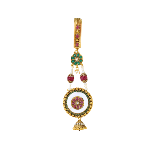 Gold plated saree pin round red and green flower design