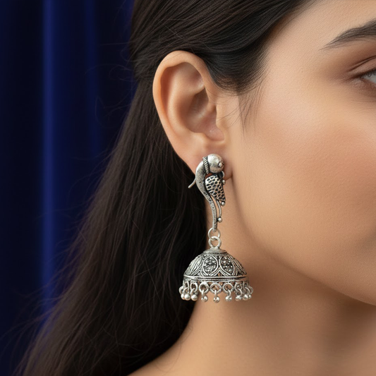 Parrot Stud Hanging Oxidised Jhumka