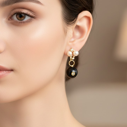 Black Bead Drops with White Pearls Studs