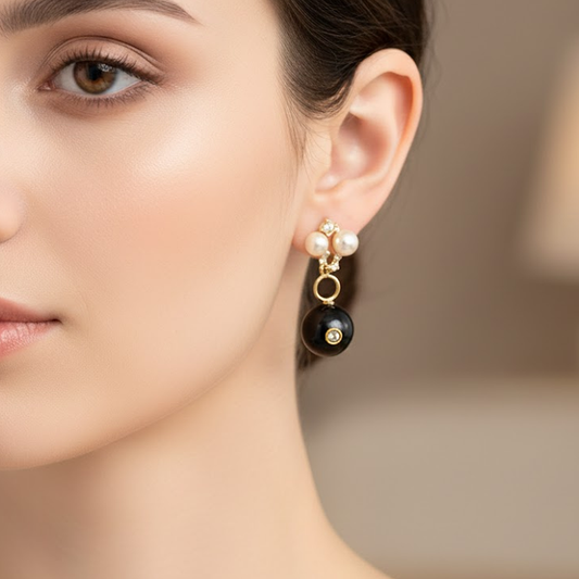 Black Bead Drops with White Pearls Studs