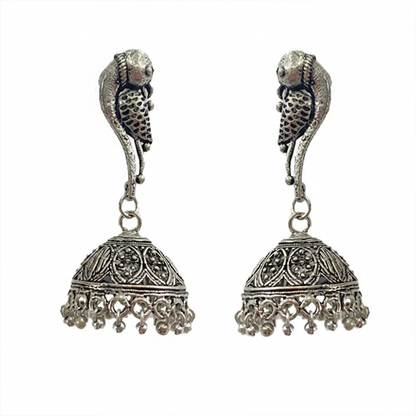 Parrot Stud Hanging Oxidised Jhumka
