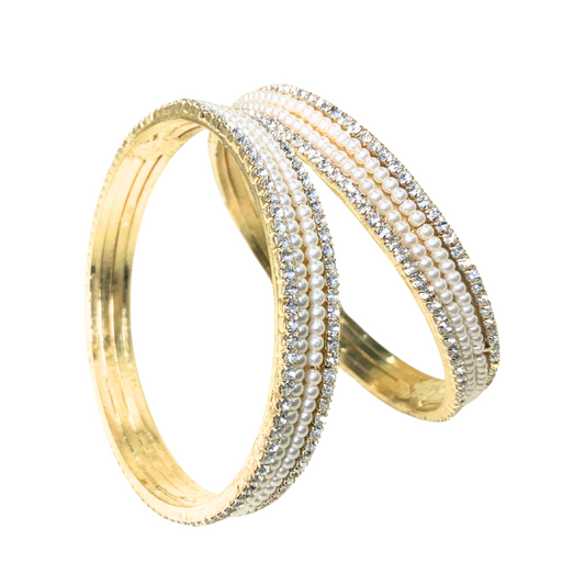 Gold Plated Pearl Bangles With White Stones