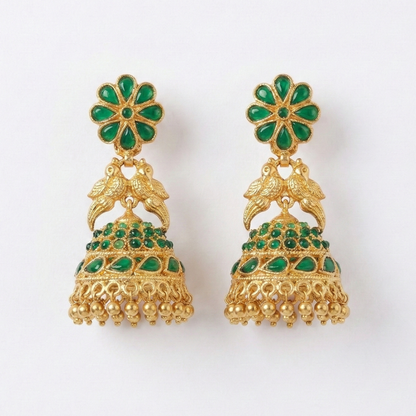 Gold Plated Jhumka With Bird Design And Green Stones