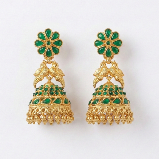 Gold Plated Jhumka With Bird Design And Green Stones