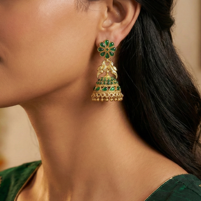Gold Plated Jhumka With Bird Design And Green Stones